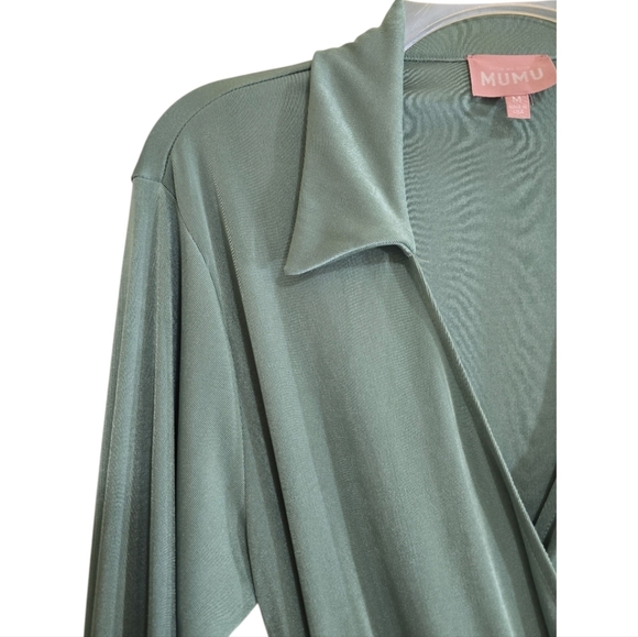 Show Me Your Mumu Chloe Collared Dress In Sage Green Medium Belted Surplice Neck - Picture 6 of 12
